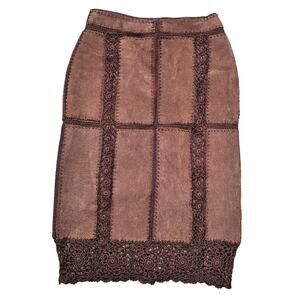 Crochet Trim Suede Panel Skirt Size M Brown Leather Vintage Y2k VTG IDI Matthew